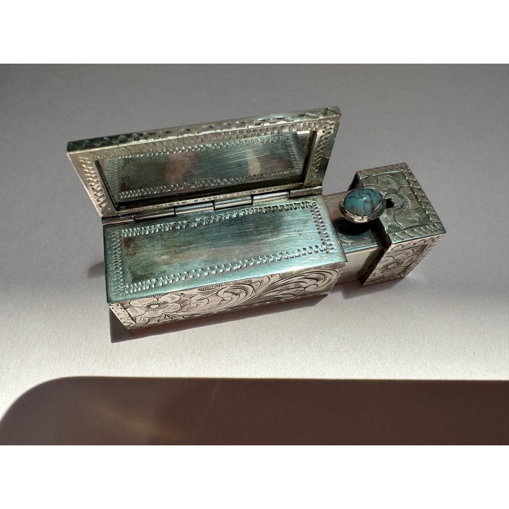 Vintage Art Deco Italian 800 Silver Lipstick Compact Mirror Etched Floral Stone - Picture 6 of 9